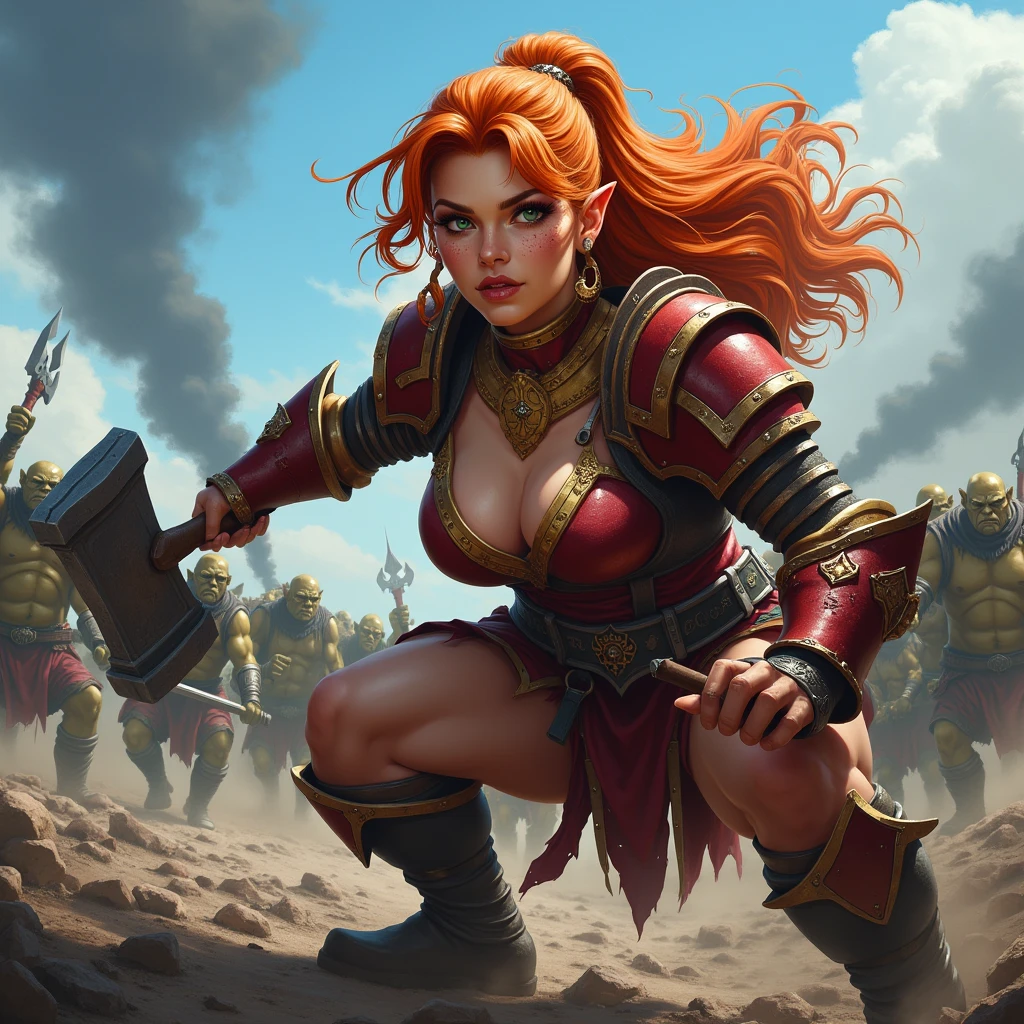 Close up of Dwarven woman, orange hair, maroon armor with gold trim, heavy armor, chubby cheeks, green eyes, freckles on cheeks, freckles on top of breasts, freckles on legs, she has a thin waist that emphasizes her ample bosom and wide hips and round bottom. the tops of her breasts spill out for her top. exterior background, blue sky, battleground, smoke, fire, fighting. Show her holding a war hammer, fighting a group of goblins crouched in a battle stance. She has an intense focused look on her face ready to face the threats around her. goblins surround her, surrounded by green goblins. super high quality, super high detail, masterpiece, 4k, 8k, HDR, masters of the universe, vibrant colors, dark shadows, dim lighting, 3DMM
