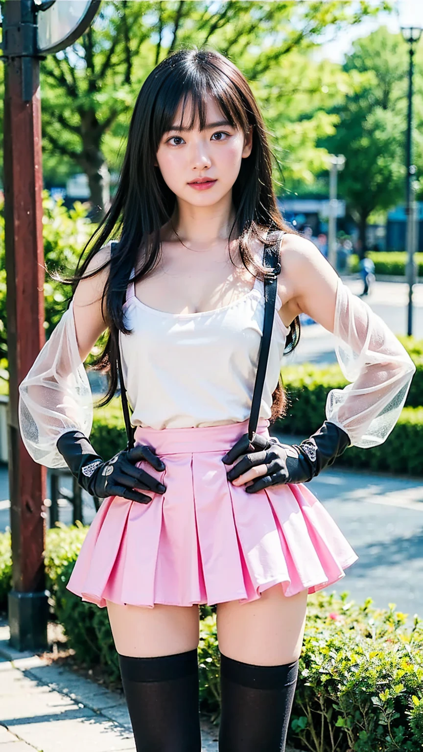 (8k、RAW Photos、Highest quality、masterpiece:1.2)、(Realistic、Realistic)、1 person、((black and white、pink、See-through、Hair blowing in the wind、Cleavage、tights、Gloves、Garter Ring、mini skirt、Thin legs、whole body、boots、View from the front、Looking into the camera、Night Park、Stand with hands on hips))、cute