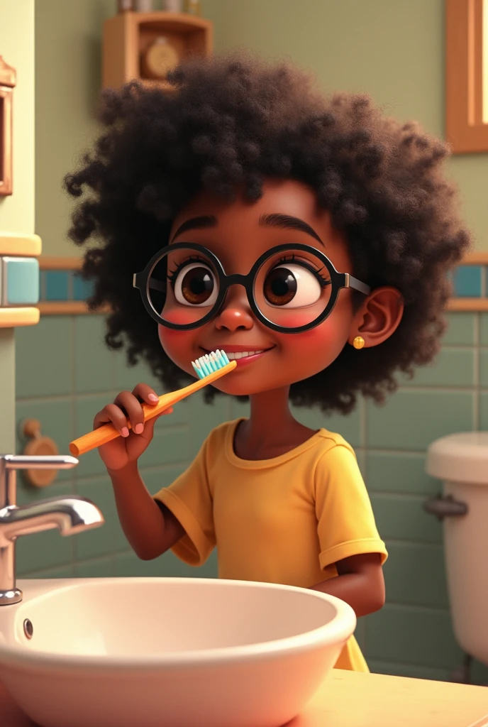 Generates a Disney Pixar type image of a girl with dark-skinned glasses brushing her teeth