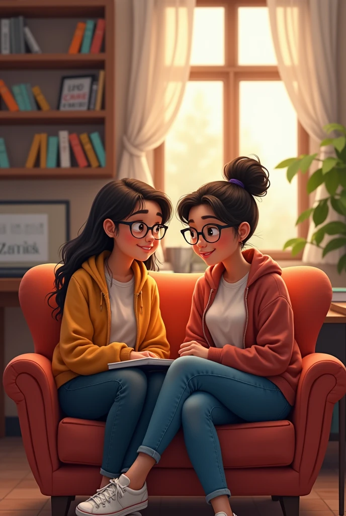 A boy and a girl Hina and faktiya named sitting in the chair in college talking eachother about their study 