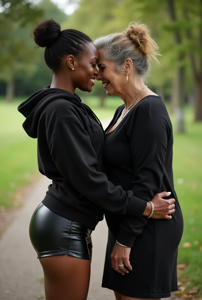 black woman hair in a bun black hoodie black leather short shorts bending over getting fucked in the ass by a old ugly woman in a dress in a park
