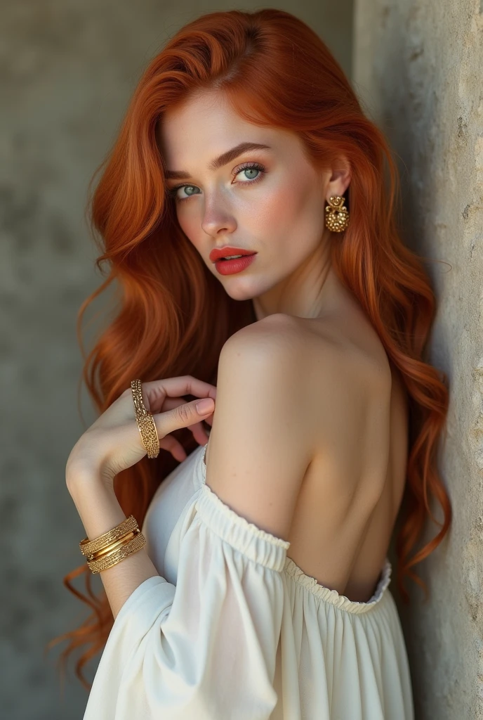 Create a beautiful redhead woman with light blue eyes, that she has simple makeup and very red lips. Leave her long hair loose in waves and dress her in a loose white Roman-style dress., that is very sexy with the back uncovered, Put earrings on her libdos and bracelets on her arms