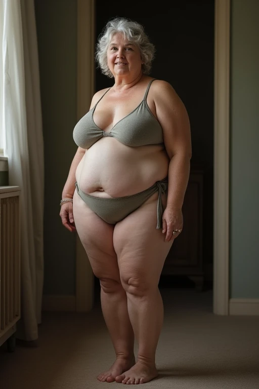 Older over fatty woman over 60 in bra in room full body