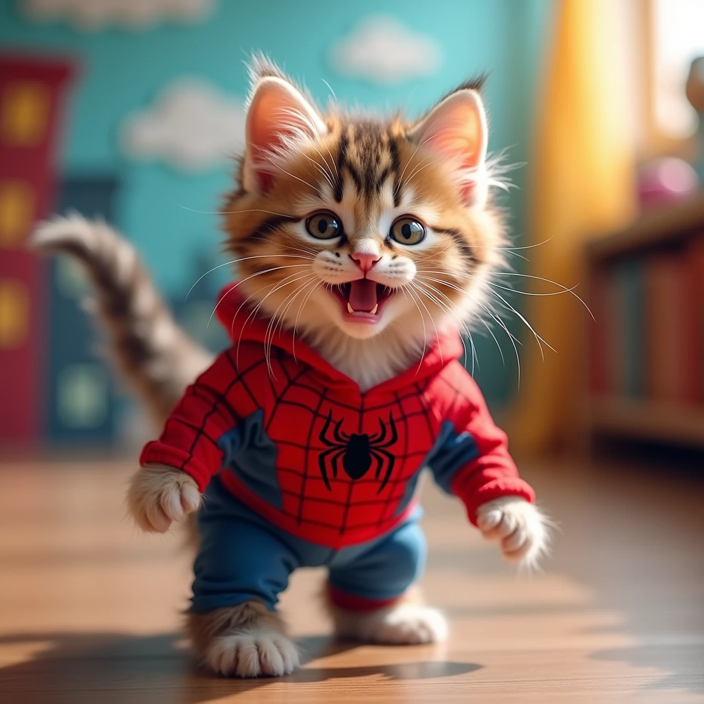 A joyful and heartwarming scene featuring a kitten dressed in a Spider-Man outfit with the biggest, happiest smile on its face. The kitten’s eyes are bright and full of excitement, and its little tail might be playfully curled up in the air. The background is lively and colorful, perhaps showing a playful cityscape or a fun superhero-themed room, enhancing the cheerful atmosphere. The overall mood is one of pure happiness and excitement, making the scene uplifting and perfect for young viewers.