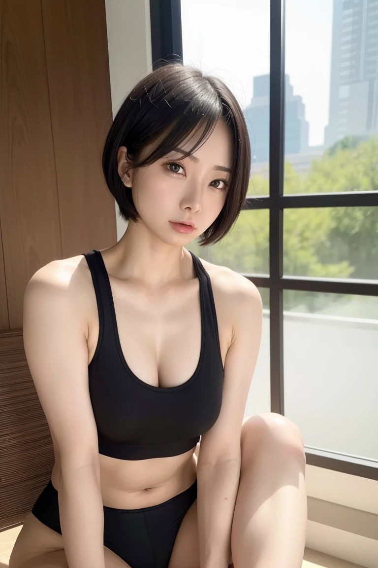 masterpiece, Highest quality, RAW Photos, Very detailed, The finer details, High resolution, 8k wallpaper, Perfect dynamic composition, Well-detailed eyes, Short black hair, Shiny Hair, Natural lips, Thin and large, Tank top,Light blue patent leather gloves, Shorts, Small breasts, Belly button, Clean thighs, Narrow locker room, Sitting on a bench,A provocative look,Sweating profusely