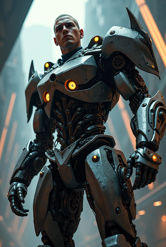 Generates an image of Eminem in a Transformers suit Eminem looks like a robot by attaching a robot body to Eminem's body.attraction.4k.high resolution