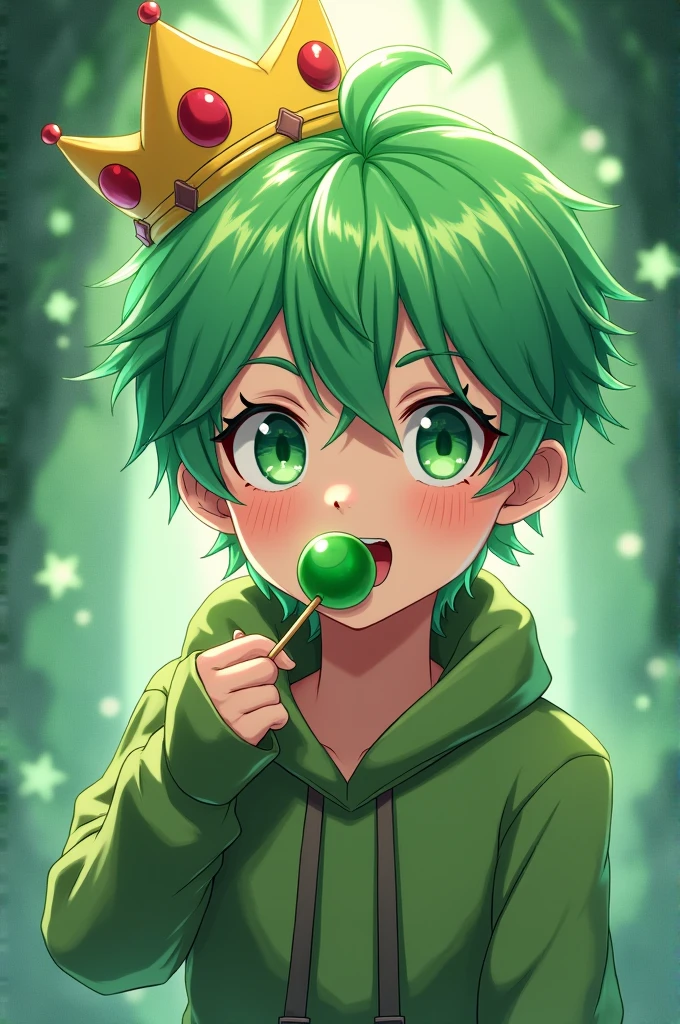 A teenage anime boy character with a yellow crown a green lollipop in his mouth green eyes light green hair