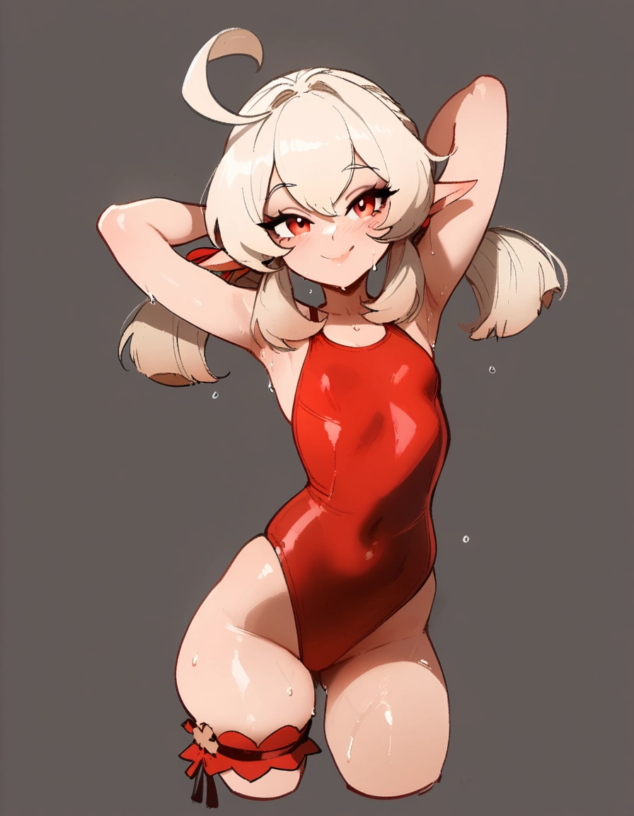 1girl, klee \(genshin impact\), genshin impact \\\\\ masterpiece, best quality, newest, ///// by nyantcha, , by khyle, cutesexyrobutts \\\\\ ,, thin waist, highres, absurdes. looking at viewer, solo, naughty face, solo, grey background, cropped legs,, red clothes, simple background,one-piece swimsuit, , bridal garter,skindentation , arms behind head, wet, sweat, shiny skin, , , straight-on, light red eyes, pale blonde hair with a prominent cowlick, and elf ears , (loli:1.2), petite, beach, chibi
