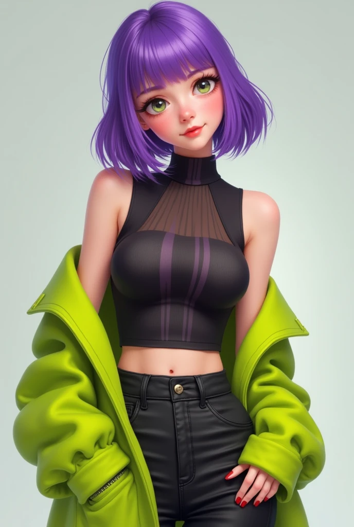 create an image of a cute girl with purple hair and bangs,a black sleeveless shirt that covers the chest part that has a stripe without fabric that shows a little of the breasts and a lime green wool coat showing the shoulders and covering the belly






