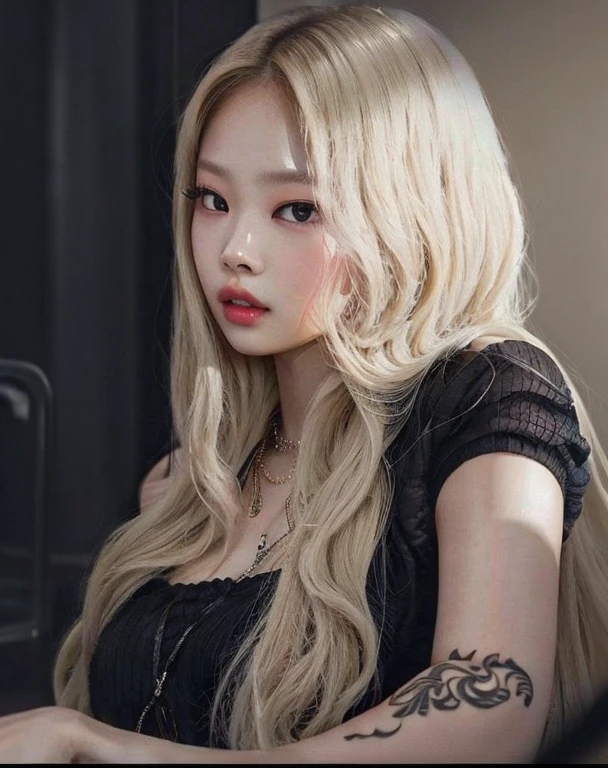 Blonde Jennue with long hair and tattoos sitting in front of a mirror, full body, wet body, wearing a cropped fishnet halter top and fishnet stockings, ava max, perfect white haired girl, long blonde hair and big eyes, extremely pale blond hair, with long blonde hair, long blonde hair and big eyes, with long white hair, pale hair, with white long hair, her hair white, white - blond hair, with white hair, jennie blackpink