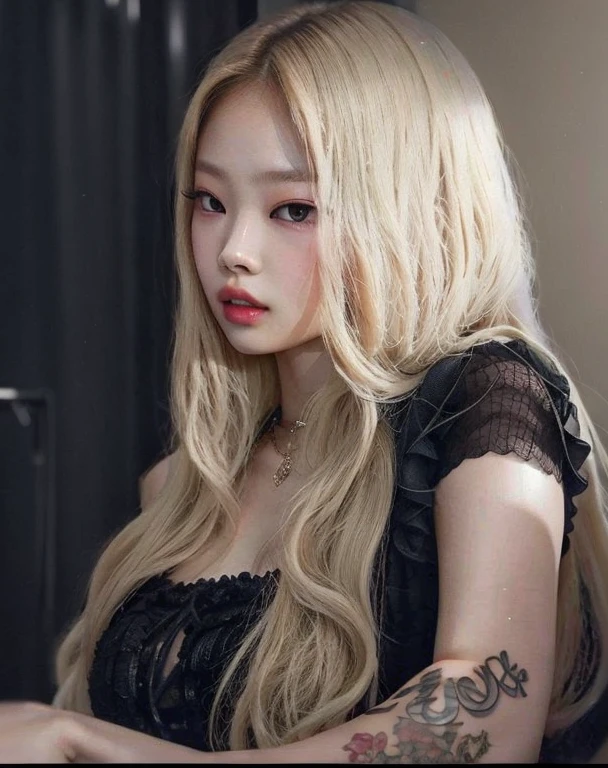 Blonde Jennue with long hair and tattoos sitting in front of a mirror, full body, wet body, wearing a cropped fishnet halter top and fishnet stockings, ava max, perfect white haired girl, long blonde hair and big eyes, extremely pale blond hair, with long blonde hair, long blonde hair and big eyes, with long white hair, pale hair, with white long hair, her hair white, white - blond hair, with white hair, jennie blackpink
