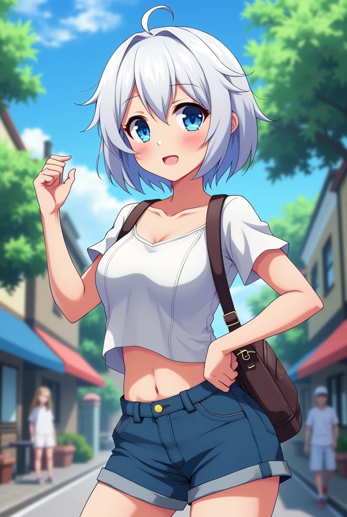 Short white hair, high school age, blue eyes, pointy personality, summer clothes, anime, fair skin, big breasts