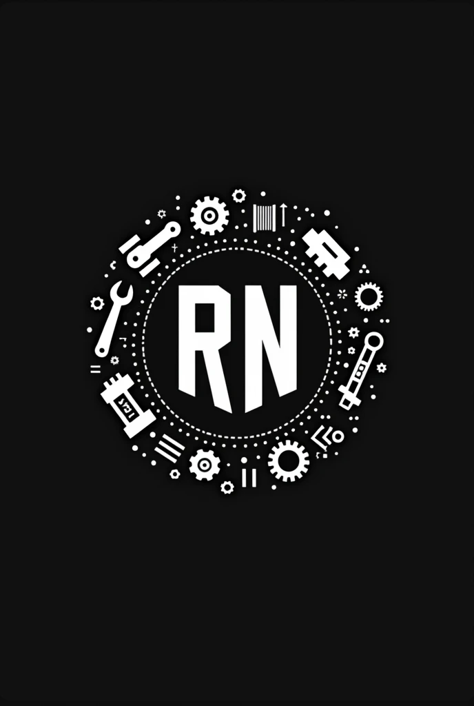 RN logo that is black and white, related to mechanical engineering with mechanical tools in background
