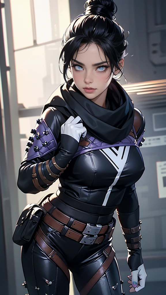 Foto de corpo inteiro, pose sensual, (Highly detailed CG Unity 8k wallpaper),(masterpiece), (highest quality), (super detailed), (Best Illustration),(best shadow), Wraith apex legends, pretty face focus, Masterpiece artwork, best qualityer, kissshotms, 1 girl, natta, Efeito de Luz, Masterpiece artwork, best qualityer, 1 girl, mature woman, breasts big, 8k, UHF, (abdomen, )muscular woman, Waist slender, detailedeyes, FGO1, 1stClothing, 1 girl, solo, hair bun simples, hair bun, scarf, sultry posing, Bblack hair, black scarf, blue colored eyes, bangss, bangss distributed, Hair behind the ear, mitts, piercing no nariz, mitts pretas