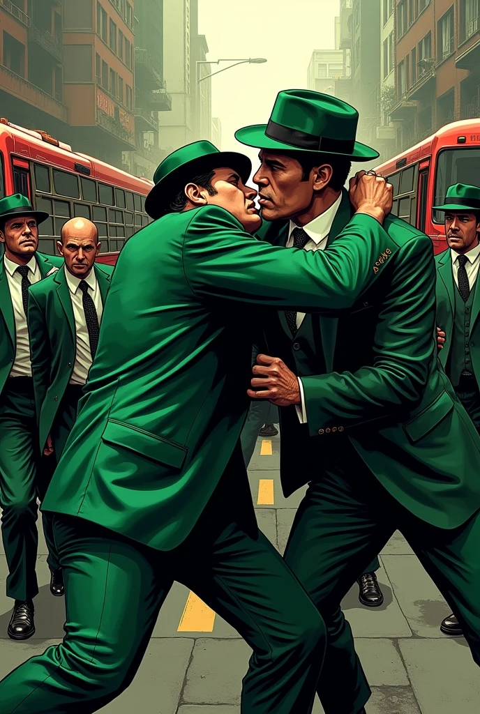 Create an image of a fight between a Blue Mafia mob and a Green Mafia mob. Nela, put fans of the green spot punching those of the Blue Mafia. in addition, from that, put behind the crowds bus 