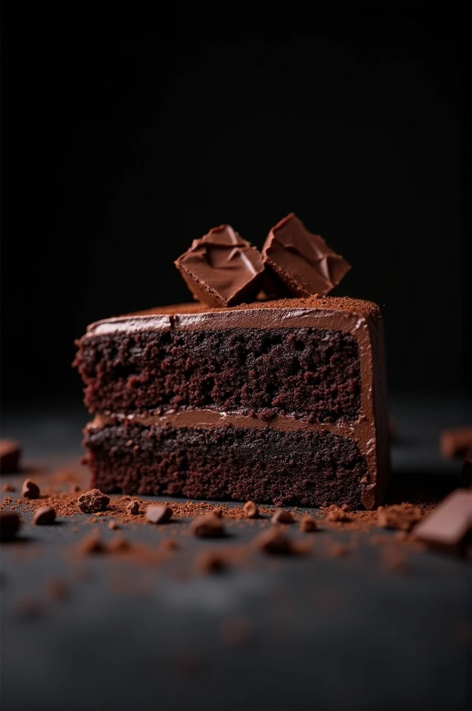 cinematic film still chocolate, chocolate cake, dark background, quality photo, moist texture, frosting, studio photo, slice . shallow depth of field, vignette, highly detailed, high budget, bokeh, cinemascope, moody, epic, gorgeous, film grain, grainy