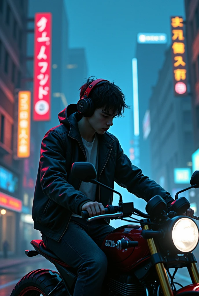 Sad boy listen song on motorbike at road in cyber junk city at night using head Phone