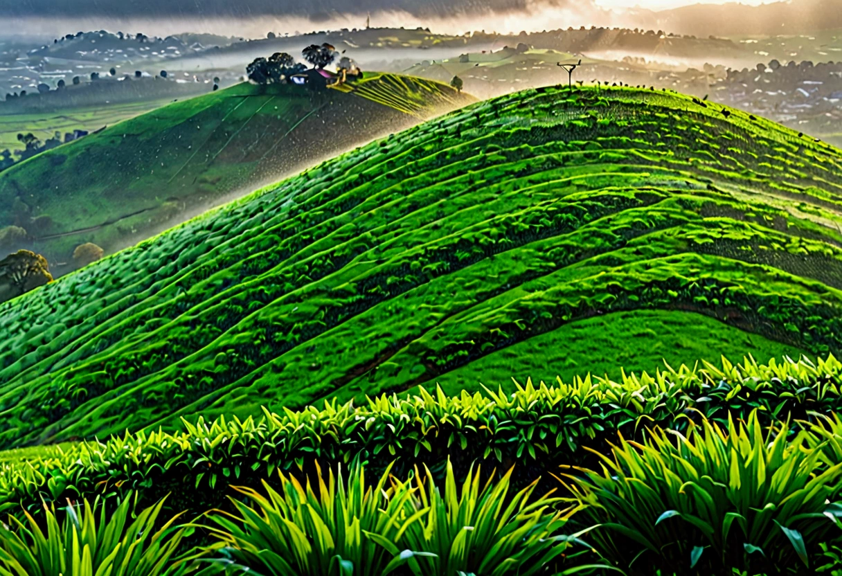 View of the hill on a cold morning with heavy rain accompanied by morning dew