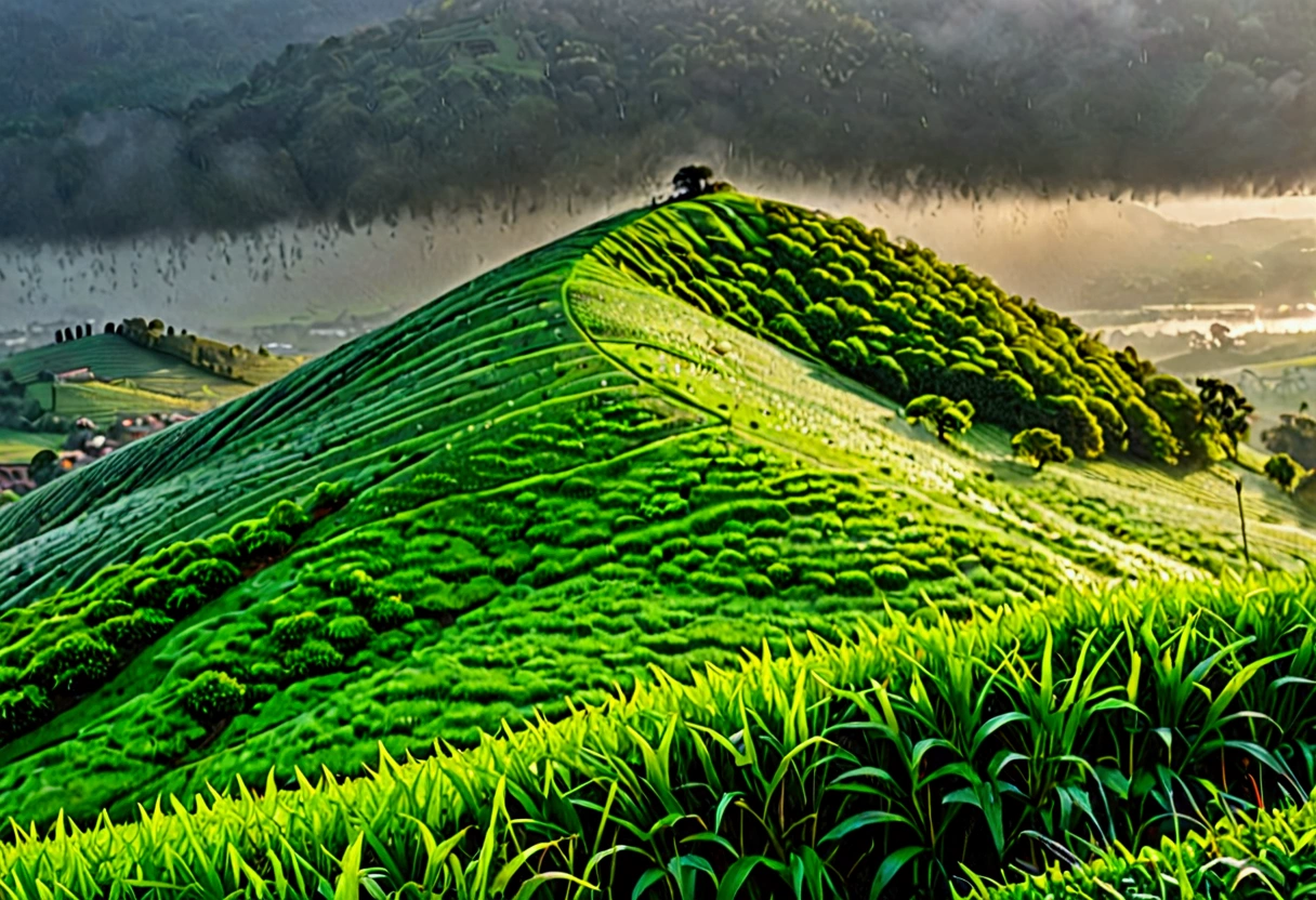 View of the hill on a cold morning with heavy rain accompanied by morning dew