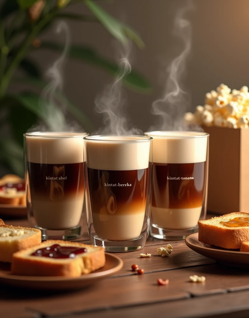 Moccapot brew coffee on to a three-layered cups. Each cup has a name printed on it says
'Kintat-Abol' 'Kintat-Bereka' and
'Kintat-Tonana'
With full of coffee steam in the air. Toasted bread and jam spread on it. Popcorn with box at the back.