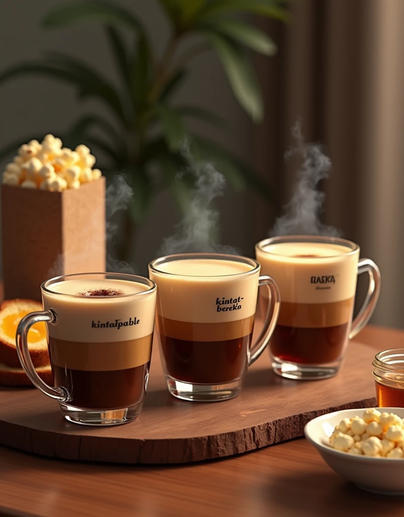 Moccapot brew coffee on to a three-layered cups. Each cup has a name printed on it says
'Kintat-Abol' 'Kintat-Bereka' and
'Kintat-Tonana'
With full of coffee steam in the air. Toasted bread and jam spread on it. Popcorn with box at the back.