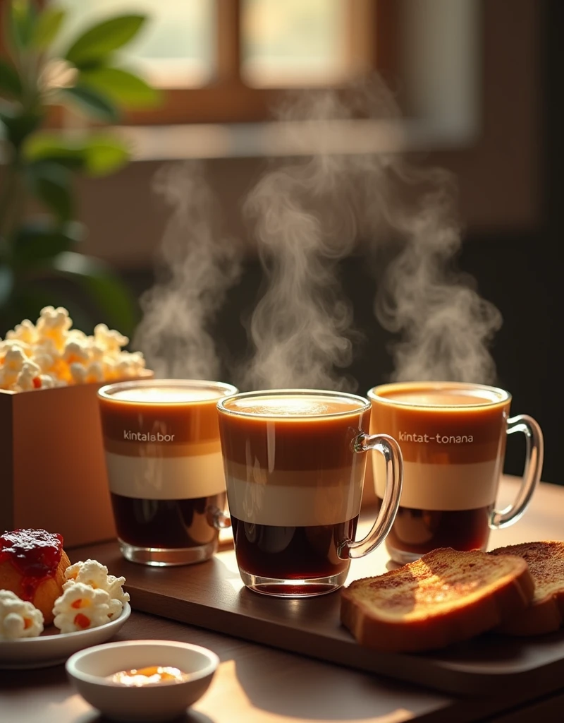 Moccapot brew coffee on to a three-layered cups. Each cup has a name printed on it says 
'Kintat-Abol' 'Kintat-Bereka' and 
'Kintat-Tonana' 
With full of coffee steam in the air. Toasted bread and jam spread on it. Popcorn with box at the back.