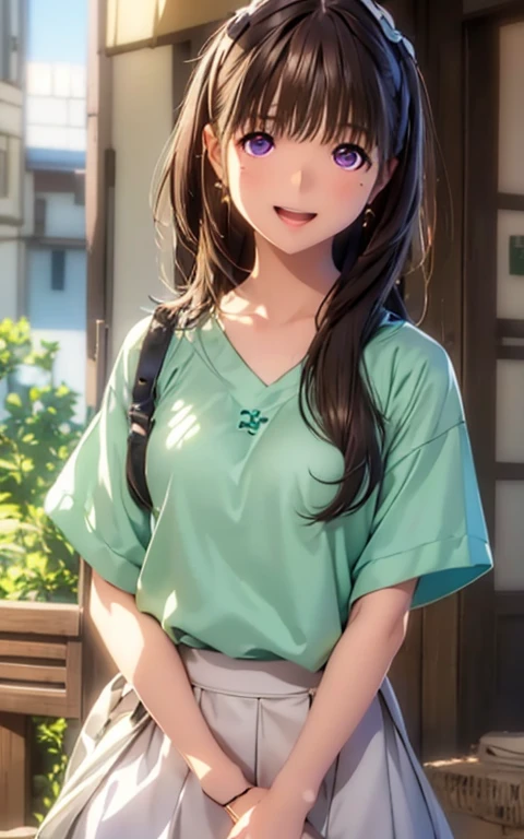 High resolution,In 8K,Highest quality,detailed,Semi-realistic anime,Anime 3D Style,Smooth anime CG,One Girl,1 woman in Japan,slim,Modeled,Shiny brown hair,Medium Hair,detailedな顔,Beautiful and detailed,Glowing Skin,(Light green short sleeve top),straggling hair,Angel-like hair,(Small breasts),((Deep violet sparkling eyes)),(((Open your mouth))),((Laughter)),(((Eyes on the viewer))),