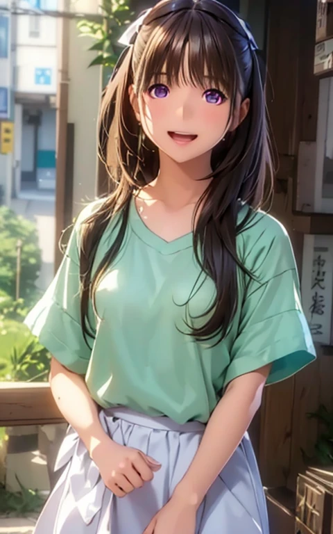 High resolution,In 8K,Highest quality,detailed,Semi-realistic anime,Anime 3D Style,Smooth anime CG,One Girl,1 woman in Japan,slim,Modeled,Shiny brown hair,Medium Hair,detailedな顔,Beautiful and detailed,Glowing Skin,(Light green short sleeve top),straggling hair,Angel-like hair,(Small breasts),((Deep violet sparkling eyes)),(((Open your mouth))),((Laughter)),(((Eyes on the viewer))),