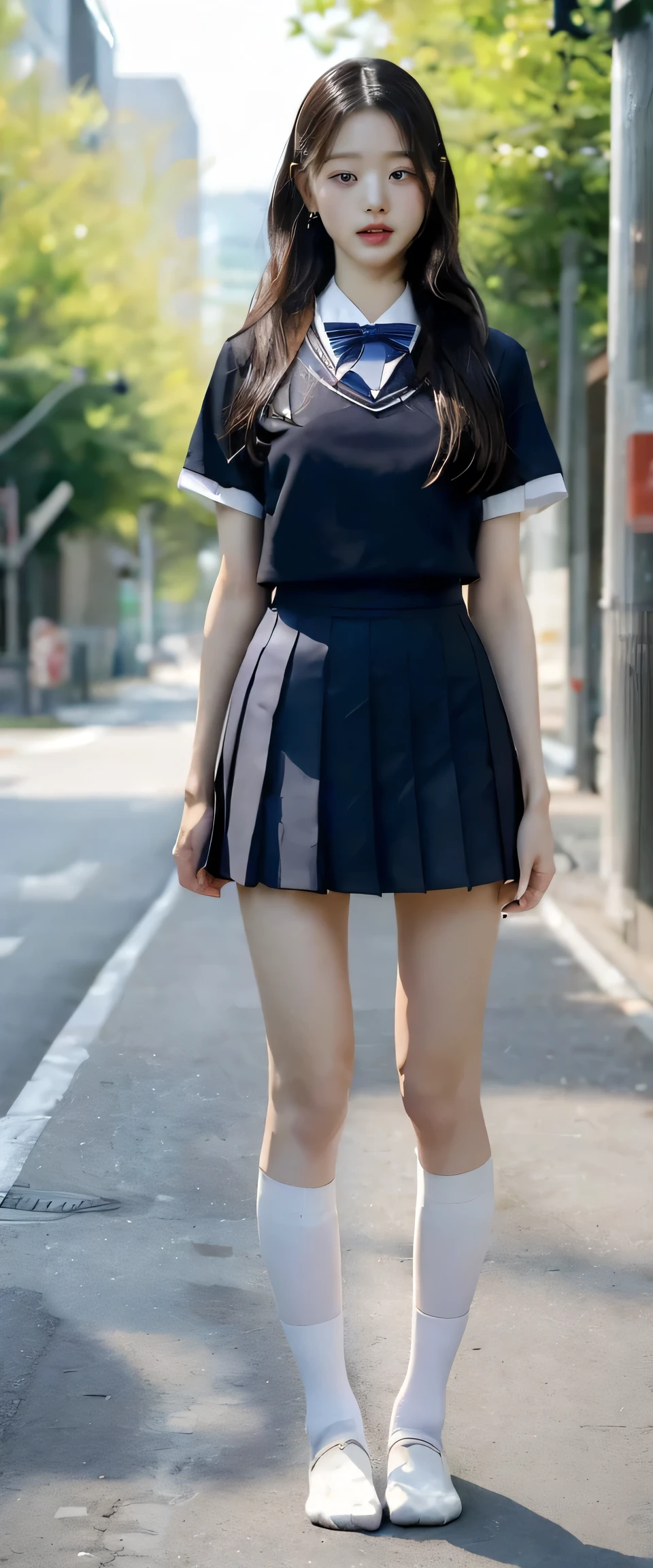absurdes, RAW Photos, Very delicate and beautiful, masterpiece, Highest quality, Ultra-high resolution, 16K, hyperRealistic, Realistic, (((((whole bodyショット:1.8))))),((Japanese high school girls in school uniforms:1.7)),((The background is a very stylish modern city:1.2)), ((It is a beautiful sidewalk that is ultra-modern and clean.:1.2)),(((whole bodyショット:1.8))),((((She looks just like Wonyoung from the Korean idol group IVE..:1.9)))),(((Checkered high school uniform short mini skirt:1.5))),(((High school uniform summer short-sleeved white shirt:1.5))), (((Wear a red bow tie:1.6))),(((((Wear very short socks that reach down to your ankles on both feet.:1.8))))),((((Wear black loafers:1.8)))),(((Clothing that exposes a lot of bare skin:1.7))),((Bare skin on feet:1.8)), ((((Stand up straight:1.6)))),(((((Stand with your feet together:1.7))))),((Stand up straight:1.6)),(Turn the whole body towards me),((Bare skin on thighs:1.8)),((Bare skin on lower legs:1.8)),((((whole body :1.8)))),((((Short socks that expose a lot of the lower legs:1.7)))),(White socks on both feet:1.3),photoRealistic, photo-Realistic, Fingers are recreated in great detail,Beautiful hands,Very detailed, Perfect Anatomy, Very detailed肌, Perfect figure, Very detailed CG 8k wallpaper, Erect nipples, perfect nipples, Perfect breasts, Perfect hands, Perfect Fingers,Beautiful hands, Fair skin, Medium chest, blush, the wind is strong,Long legs,Thin legs, sexy legs,Sunny daytime,9 heads and body beauty, Fluffy hair, bangs,(Green roadside trees can be seen in the background.), (Small Ass),Black Loafers,long and thin arms,Long legs, Mid-chest, Beautiful Hair,Hands down,Tight waist,smile,cute,Beautiful girl Happy,Medium chest, Laughter,Black Hair, (Tight waist),((Height 173cm:1.3)),(Slim model body shape),(slim and muscular athletic build:1.3),(slim but muscular legs),(((Thin thighs))),(((Long thighs))),Tight ankles,1 person,Long legs,cute,beautiful girl,((((Anatomically correct:1.4))))