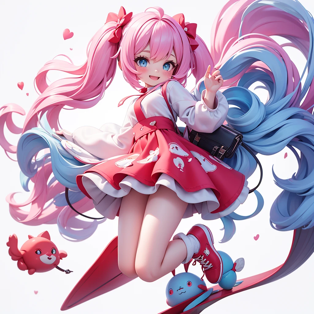 A cute fit 1 woman with long black-to-blue gradient hair, bright and reflective blue eyes. white spaghetti fit shirt. pink hair, fair skin, and long, beautiful legs that match her red shoes. She was wearing a knee-length, see-through red-white dress. She is smile and jumping in the White background Studio. She is holding very biggest book , full body 4k, Front view.