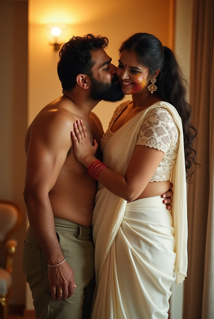 a 50-year-old shirtless man affectionately hugging and kissing aradiant, full-figured South Indian plus-sized 30 year old teacher wearing a blue silky saree in dressing room, captured in a full-body image with vibrant hues and meticulous details. Full body image