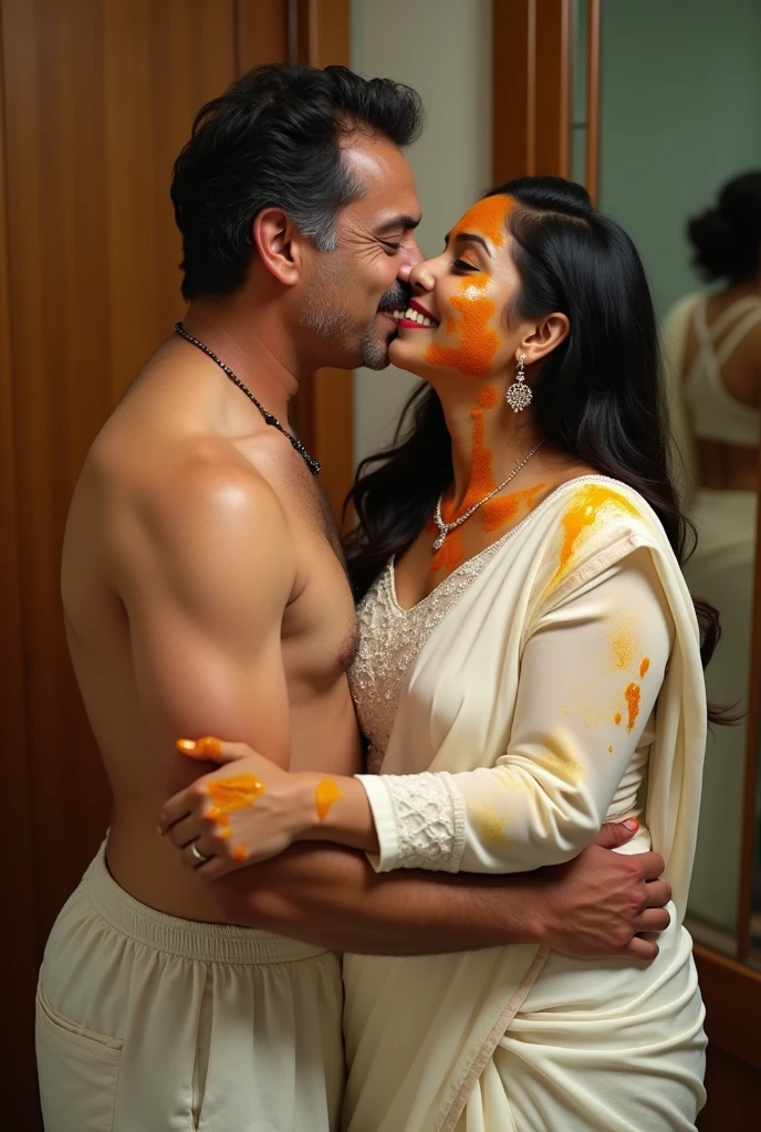 a  50-year-old shirtless man  affectionately hugging and kissing aradiant, full-figured South Indian plus-sized 30 year old daughter wearing a off white silky saree in  dressing room, (cum Splash on her face and blouse, cum Splash on her face, cum Splash)captured in a full-body image with vibrant hues and meticulous details. Full body image