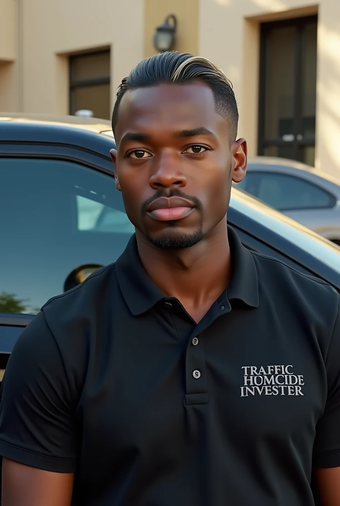 Photo realistic picture from the front. Light skin black male character with slicked back black hair with blonde highlights, wearing a black polo that has grey text stating Traffic Homicide Investor on it. Have them leaning on an unmarked dodge charger also black. In front of a department building