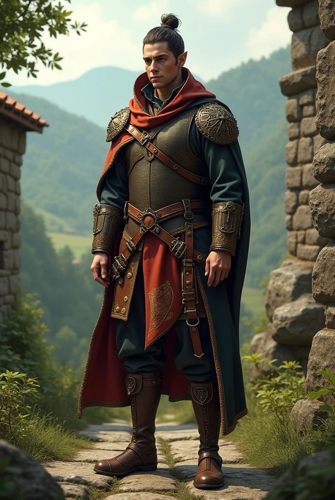 Half-elf male character wearing Portuguese soldier clothing in medieval RPG 