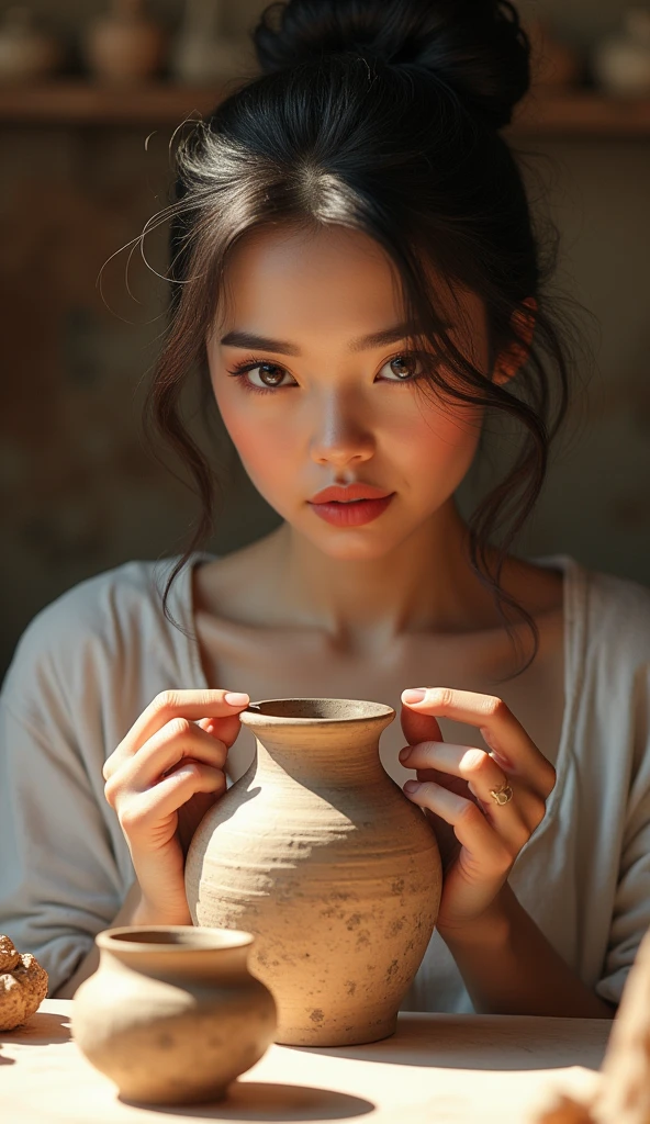 realistic woman, ceramicmaster, during painting handmade ceramic vase, detailed face and hands, beautiful detailed eyes, beautiful detailed lips, extremely detailed face and skin, intricate pattern painting , pottery studio, natural lighting, warm color tones, highly detailed, 8k, photorealistic, masterpiece, award winning art, HDR,UHD,studio lighting,ultra-fine painting,sharp focus,physically-based rendering,extreme detail description,professional,vivid colors,bokeh,fantasy art