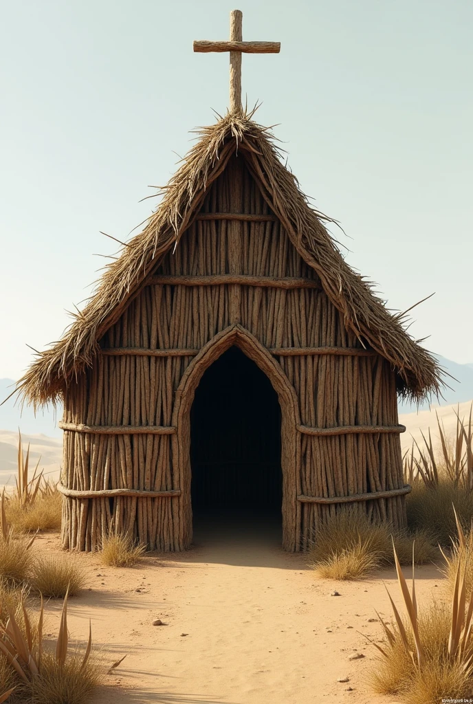 Church made of sticks on a dirt floor with a thatched roof