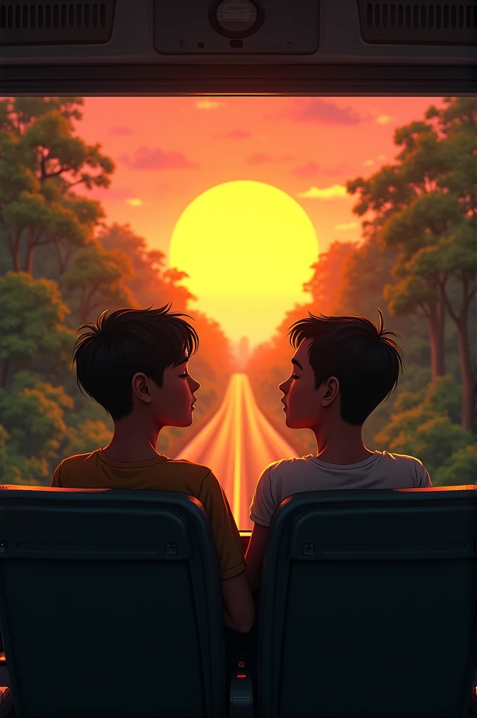 2 boy sit in bus closed eyes listening music sunset jungle