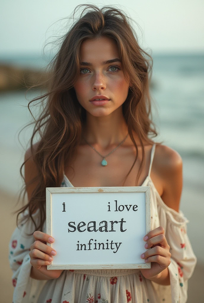 Beautiful girl with wavy long hair, bohemian dress, holding a white board with text "I Love Seaart Infinity" and showing it to the viewer