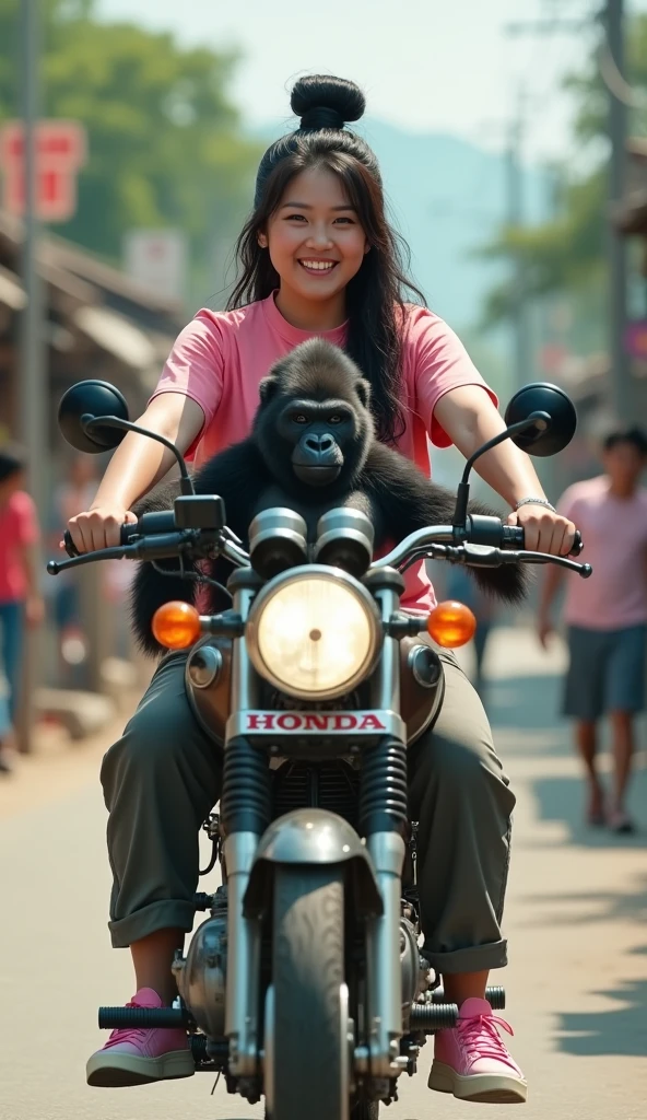 A beautiful korea woman, slightly fat body, white skin, long rasta hair in a bun, wearing a pink T-shirt, trousers, wearing pink sneakers, smiling face, riding a motor honda while holding a gorilla in front, on a village road, busy with people, minimal disability, very detailed, realistic