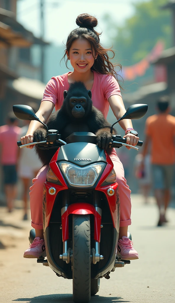 A beautiful korea woman, slightly fat body, white skin, long rasta hair in a bun, wearing a pink T-shirt, trousers, wearing pink sneakers, smiling face, riding a motor honda while holding a gorilla in front, on a village road, busy with people, minimal disability, very detailed, realistic