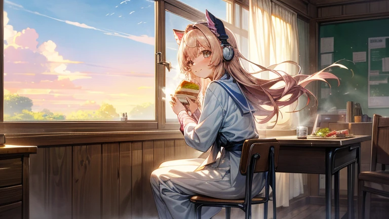 Highest quality,Asahiが差し込む部屋,One girl,(Middle school students),(happy smile),Eating a delicious sandwich,Steaming hot coffee on a desk,listening to music with headphones on,Asahi,Windows are open、Wind、Light、curtain,女の子の髪もWindに揺られている。Lightがキラキラきらめいて美しい。My eyes are at the window。The background is watercolor-like anime style.,部屋の中はLightの粒子が煌めいて幻想的になっている,looking away,full body,wide angle