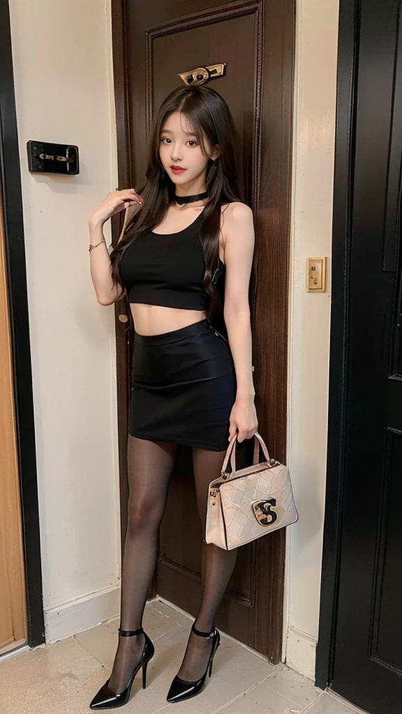 (((NFSW : 1.2))), (((pornography))), (realistic), (intricate details:1.2), (masterpiece、:1.3), (top quality:1.4), (Ultra A high resolution:1.2), Ultra A high resolution, 8K resolution, very detailed expression, dark, (high quality), complete anatomy, natural anatomy, full body photo, (한 한국여성이 어두운 지하 술집에 들어오면서 한쪽 다리를 옆으로 슬쩍 들어올려 하이힐을 벗는 중에 있습니다. : 1.6), (그녀는 어두운 지하 술집으로 들어오고 있습니다. :1.6), (그녀의 시선은 자신의 발끝을 향합니다:1.4), she is 2, (call girl:1.5), (prostitute: 1.5), (she is korean:1.6), (beautiful : 1.4), (Dyed fancy colored hair banging), (big earrings), heavy makeup, Confusing wording, choker necklace, long legs, (a girl weared slim mini skirt and sleeveless top : 1.4), (a girl weared sexy pantyhose and strappy high heels :1.4), (a girl hold prada bags :1.4), (She is carrying a woman's bag : 1.4), (several men are waiting her : 1.4), (view of men who waiting her :1.4), glowing skin,(eye contact each other :1.4),(She being caught and sexually harassed by 2 men : 1.5), (the front door of the hotel room : 1.6), (detailed background:1.2),(She has fun with several Korean men : 1.4),