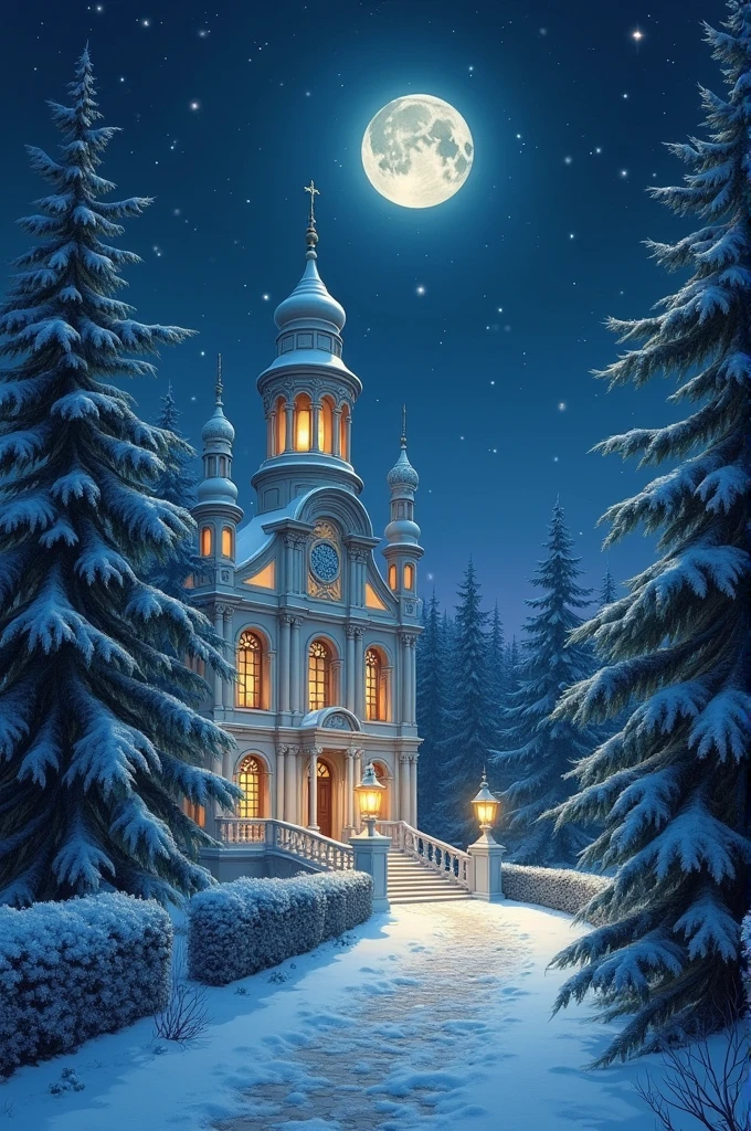 Illustration féerique d'un palais rond pierres blanches de nuit