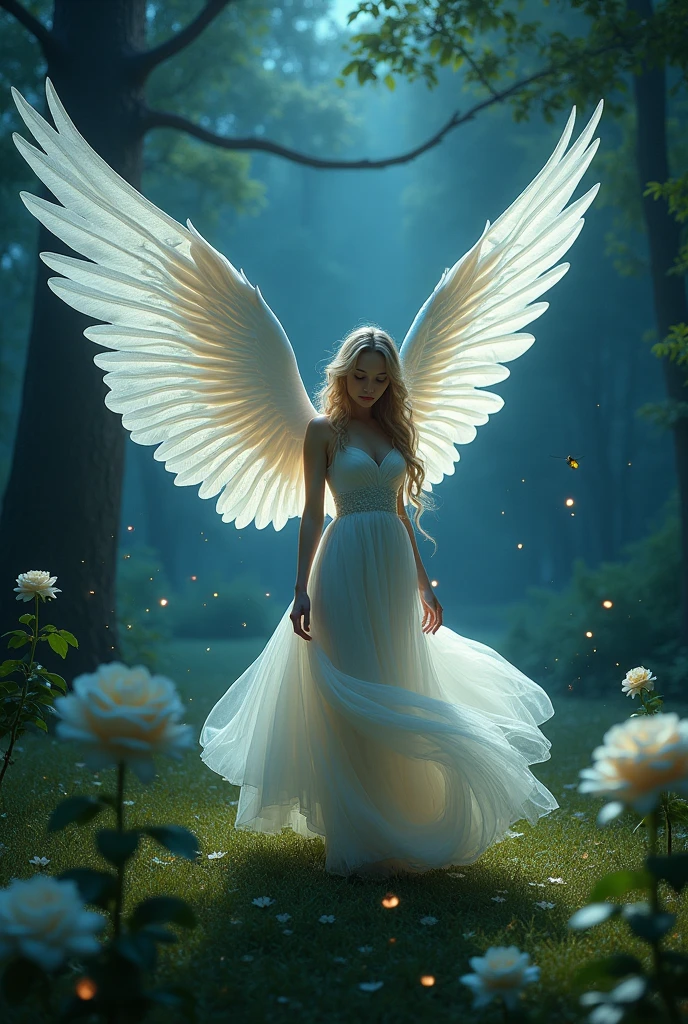 Make bird wings ,Vivid Wings , Beautiful forest background, Wear a long dress, A small bee is drawn on a white rose , A beautiful night forest with small glowing insects dancing