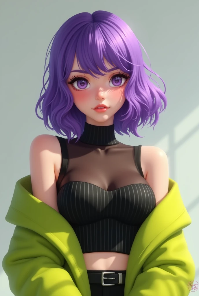 create an image of a cute girl with purple hair and bangs,an all-black sleeveless shirt that covers the chest area with a stripe without fabric that shows the breasts a little and a lime green wool coat showing the shoulders and covering the belly