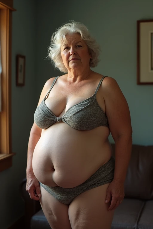 Older over fatty woman over 60 in bra in room full body