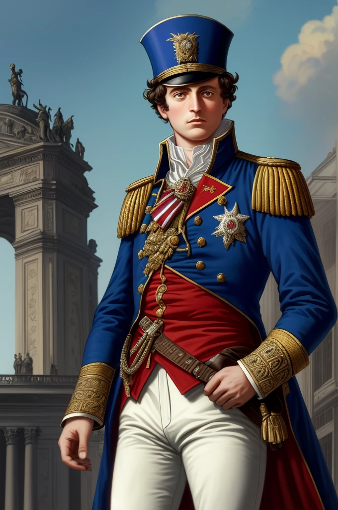 Highest quality, masterpiece, High resolution,，（Napoleon Bonaparte），French Revolutionary Soldier，Medals，marshal，（French cityscape_background），Middle-aged men，4K, alone，whole body， Hyper Detail, (Intricate details),