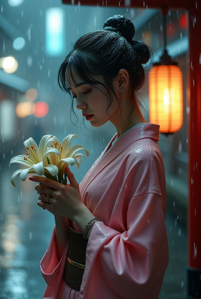 (RAW shooting, Photoreal:1.5, 8K, highest quality, masterpiece, ultra high resolution), ((((heavy snow, Blizzard)))), Highly detailed skin and facial textures:1.3, perfect dynamic composition:1.2, (In front of a shrine at night in a modern city, expression of sadness:1.0, Tears are flowing:1.0, cry with a broken heart:1.0), Slim office lady wet in the rain:1.3, cowboy shot, Fair skin:1.2, sexy beauty:1.1, perfect style:1.2, beautiful and aesthetic:1.1, very beautiful face:1.2, water droplets on the skin, (rain drips all over my body:1.2, wet body:1.2, wet hair:1.3), (Professional kimono dressing:1.1, Holding a bouquet of wet lilies:1.2, Wearing a wet pink kimono correctly:1.3), (Medium chest, Bra see-through, Chest gap), (Eyes that feel beautiful eros:0.9, Too erotic:0.9, Bewitching:0.9), necklace, earrings, bracelet, wedding ring, Highly detailed hand and finger expressions