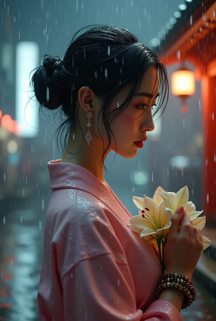 (RAW shooting, Photoreal:1.5, 8K, highest quality, masterpiece, ultra high resolution), ((((heavy snow, Blizzard)))), Highly detailed skin and facial textures:1.3, perfect dynamic composition:1.2, (In front of a shrine at night in a modern city, expression of sadness:1.0, Tears are flowing:1.0, cry with a broken heart:1.0), Slim office lady wet in the rain:1.3, cowboy shot, Fair skin:1.2, sexy beauty:1.1, perfect style:1.2, beautiful and aesthetic:1.1, very beautiful face:1.2, water droplets on the skin, (rain drips all over my body:1.2, wet body:1.2, wet hair:1.3), (Professional kimono dressing:1.1, Holding a bouquet of wet lilies:1.2, Wearing a wet pink kimono correctly:1.3), (Medium chest, Bra see-through, Chest gap), (Eyes that feel beautiful eros:0.9, Too erotic:0.9, Bewitching:0.9), necklace, earrings, bracelet, wedding ring, Highly detailed hand and finger expressions