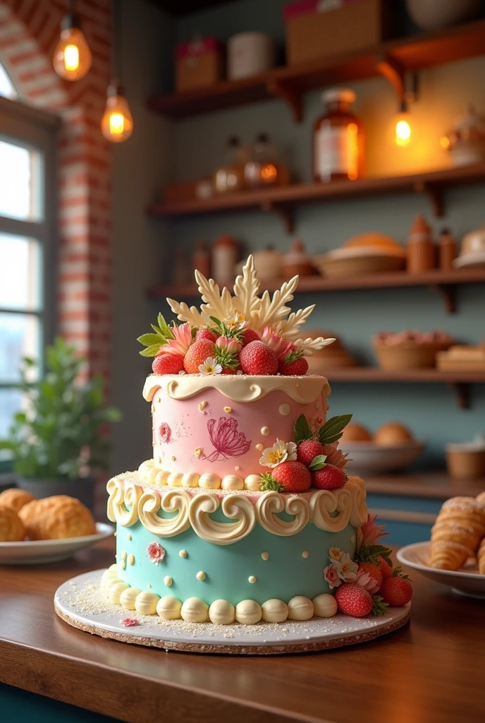 Create a photo of backery shop with photo cake
